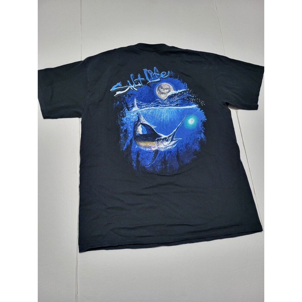 (#19) Salt Life Men’s Large Shark Graphic Black Pocket T-Shirt Short Sleeve